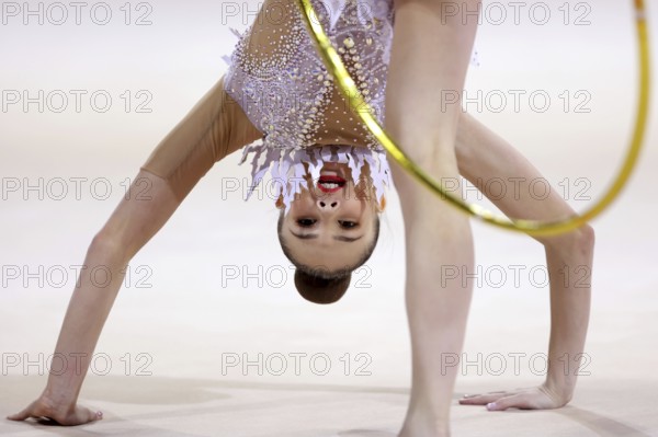 Sofia, Bulgaria - 27 March, 2021: Anastasiia Salos of Belarus performs during the individual Hoop final at the 2021 Rhythmic Gymnastics Sofia World Cup, Sofia, Bulgaria, Europe