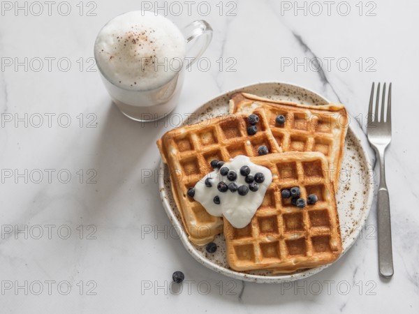 Delicious homemade baked belgian waffles with greek yogurt, blueberries and cappuccino on white marble background. Perfect breakfast with copy space for text or design. Top view or flat lay