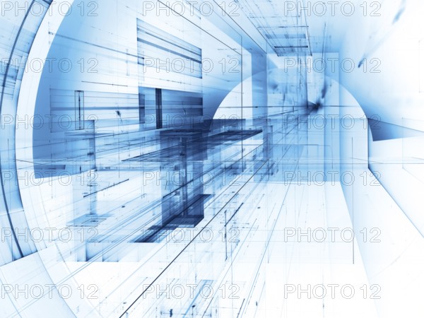 Futuristic white and blue tunnel or portal - abstract computer generated 3d illustration. Information technology or science fiction light background. For web design, banners, posters