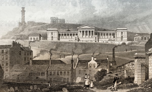 The Old Royal High School, Calton Hill, from the Canon-Gate Church Yard, Edinburgh, Scotland, 19th century, from Modern Athens by Th. H. Shepherd