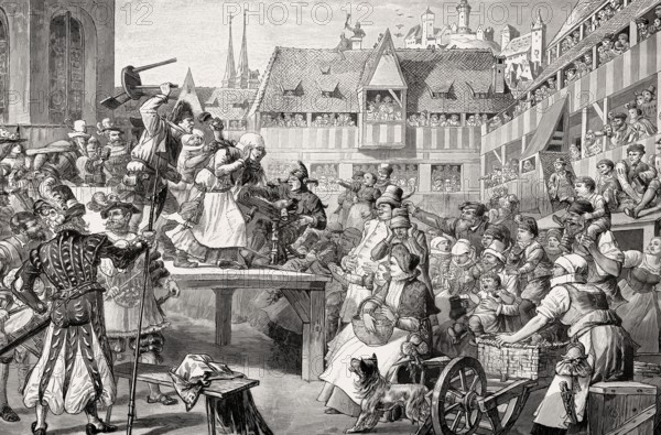 Performance of a carnival parody by Hans Sachs, Heilsbronner Hof, Nuremberg, Germany, Europe, 16th century, Europe