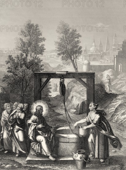 Jesus talks with a Samaritan woman, New Testament, Steel engraving 1853, digitally restored