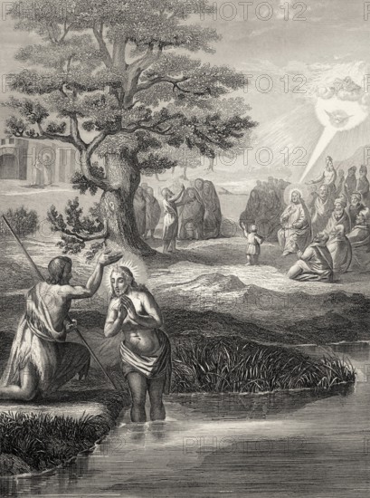 Baptism of Jesus by John the Baptist at the Jordan river, Steel engraving 1853, digitally restored