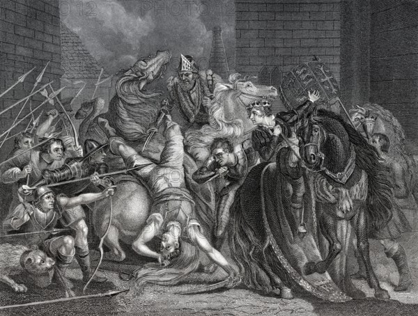 Sir William Walworth, Oberbürgermeister von London, tötet Wat Tyler in Smithfield, englischer Bauernaufstand von 1381