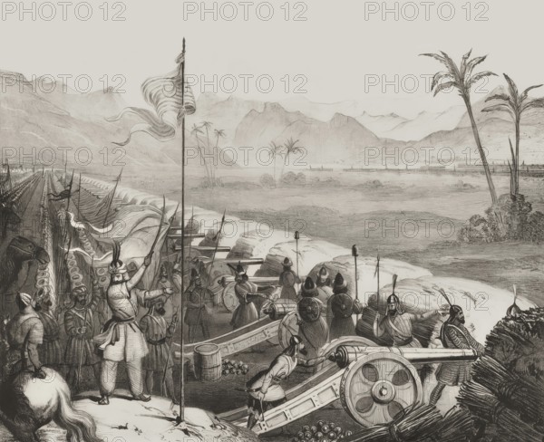 The defensive wall with field artillery cannons of the Sikh Empire, Battle of Ferozeshah, First Anglo-Sikh War, 1845