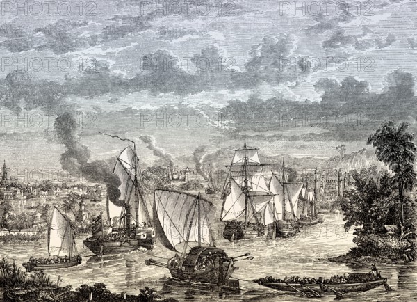 The ships of Major General Sir Henry Havelock at the Ganges River, Indian Rebellion of 1857