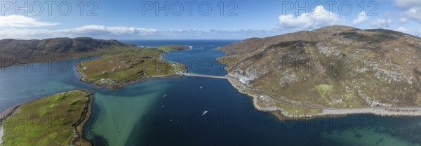 Causeway, causeway to Vatersay, drone shot, Caolas, Isle of Barra, Hebrides, Scotland, Great Britain
