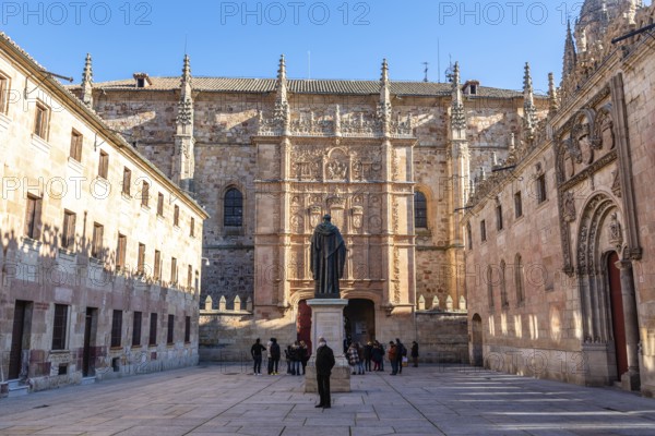 Salamanca, Spain, January 14, 2022: The University of Salamanca. The oldest university in Spain. Patio of Escuelas and Fray Luis de Leon statue, Europe