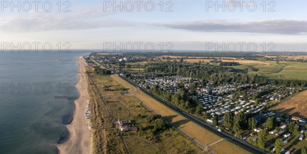 Dahme, Germany, July 31, 2021: Aerial drone view of Dahme Beach in Schleswig-Holstein, Europe