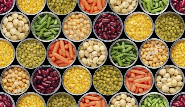 Seamless food background made of opened canned food