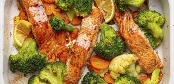 Top view close up of healthy baked fish salmon steaks, broccoli, cauliflower, carrot in casserole dish. Cooking a delicious low carb dinner, healthy nutrition concept, food photography