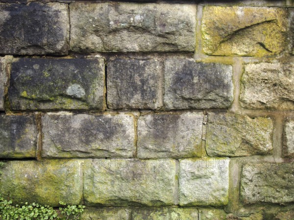 An old grey damp stone wall made of large regular blocks covered in patches of moss