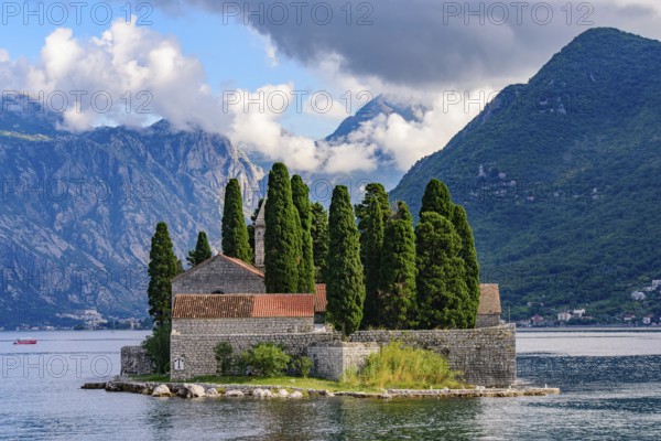 Island of Saint George, an islet off the coast of Perast in the Bay of Kotor, Montenegro, Europe