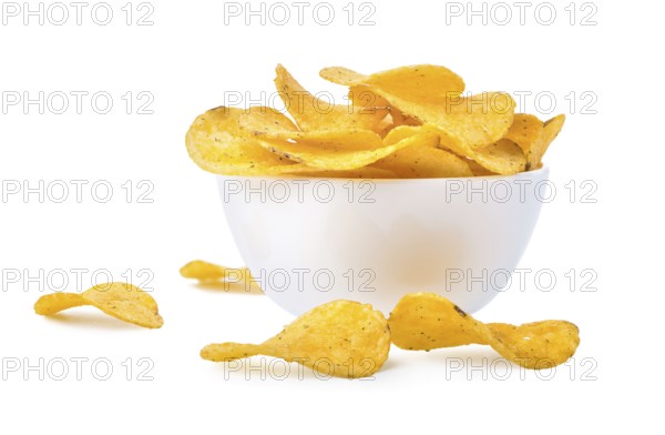 Potato chips in a bowl isolated on a white background