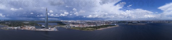 Aerial panorama of St. Petersburg, the skyscraper Lakhta Center and the new stadium, Russia, Europe