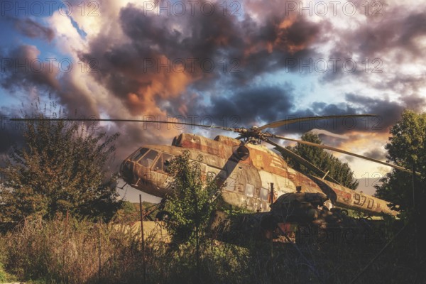 An abandoned, rusty helicopter stands overgrown in nature under a dramatic, cloudy sky at sunset, Mil Mi8 970, Babbenhausen, Bad Oeynhausen, North Rhine-Westphalia, Germany, Europe