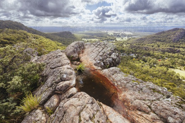 Iconic views from Chatauqua Peak over Halls Gap and surrounds on a warm autumn sunny day in Victoria, Australia, Oceania