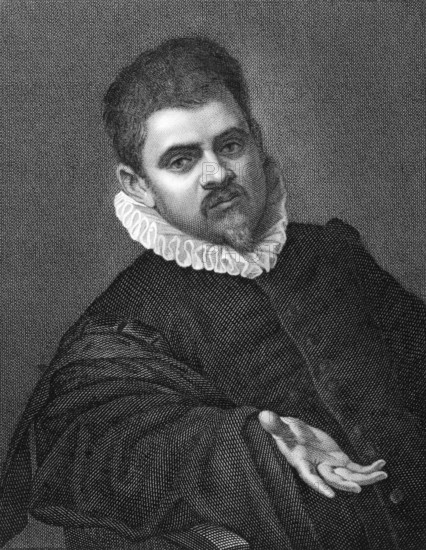 Agostino Carracci (or Caracci) (1557-1602) on copper engraving from 1841. Italian painter and printmaker. Engraved by G.Rivera from a drawing by G.Marrubini after a self portait by Carracci