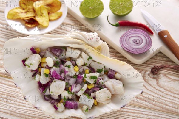 Ceviche peruvian recipe with fried banana and ingredients on wooden table