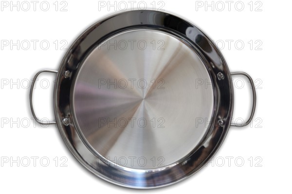 Paella pan in stainless steel on white background
