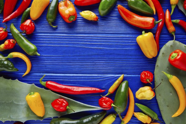 Mexican hot chili peppers colorful mix habanero poblano serrano jalapeno blue background