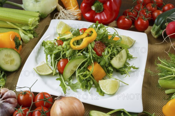 Healthy eating background. Different vegetables and salad with leaf vegetables and cherry tomatoes on white plate