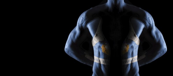 Louisiana flag on muscled male torso with abs, Louisiana bodybuilding concept, black background