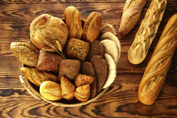 Bread fresh varied mix on golden rustic wood in basket