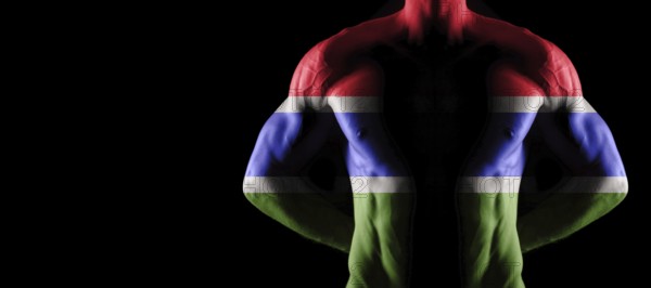 Gambia flag on muscled male torso with abs, black background