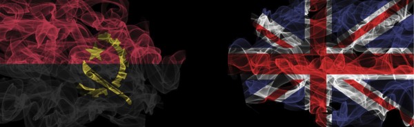 Flags of Angola and United Kingdom on Black background, Angola vs United Kingdom Smoke Flags