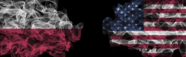 Flags of Poland and USA on Black background, Poland vs USA Smoke Flags