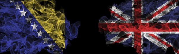 Flags of Bosnia and Herzegovina and United Kingdom on Black background, Bosnia and Herzegovina vs United Kingdom Smoke Flags