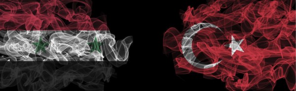 Flags of Syria and Turkey on Black background, Syria vs Turkey Smoke Flags
