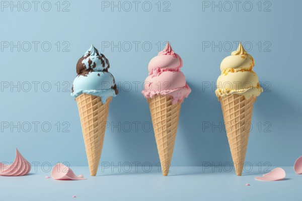 Illustration 3d render of melting summer ice cream in a cone on a pastel background, multicolored ice cream, delicious, mouthwatering, illustration