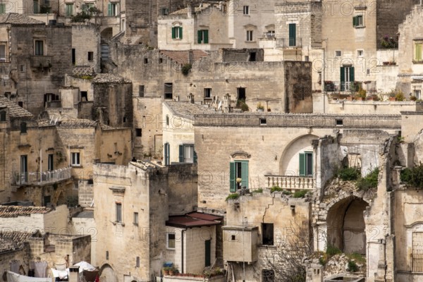Detail of historic houses in Sassi di Matera, Italy, Europe