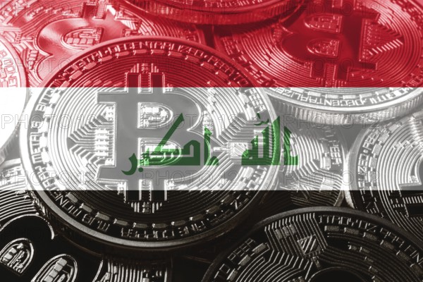 Iraq bitcoin flag, national flag cryptocurrency concept black background