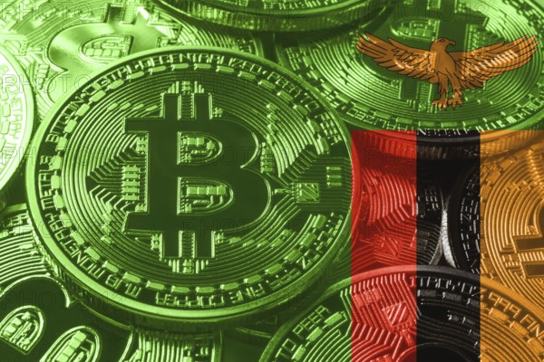 Zambia bitcoin flag, national flag cryptocurrency concept black background