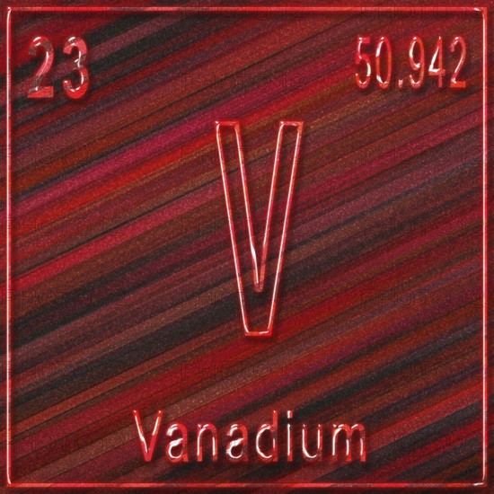 Vanadium chemical element, Sign with atomic number and atomic weight, Periodic Table Element