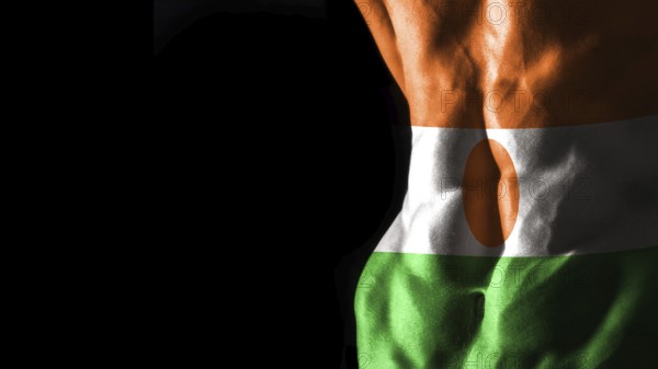 Niger flag on abs muscles national sport workout, bodybuilding concept, black background