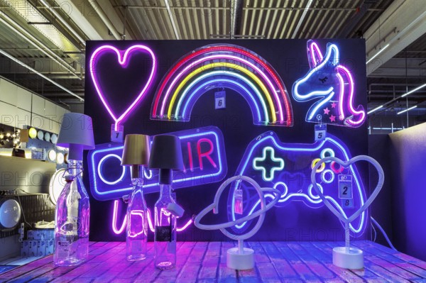 Lights and neon figures in DIY store, Allgäu, Bavaria, Germany, Europe