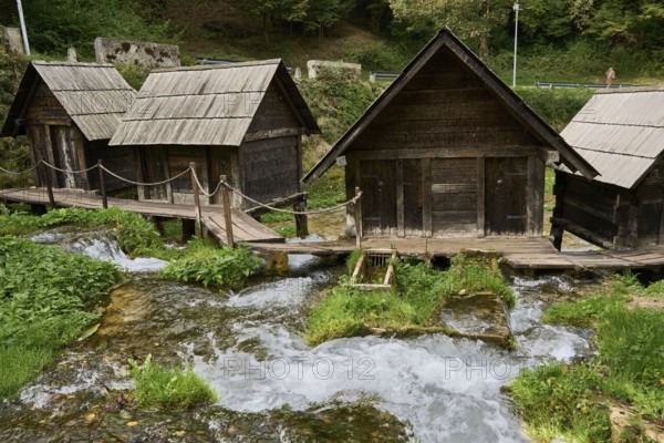 Mlincici, Mlinovi na Plivi, 20 small traditional watermills on the Pliva River near Jajce, Plivsko jezero Park, Jajce, Bosnia and Herzegovina, Europe