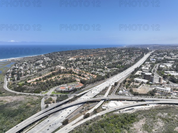 Aerial view of highway interchange and junction, San Diego Freeway interstate 5, California, USA, North America