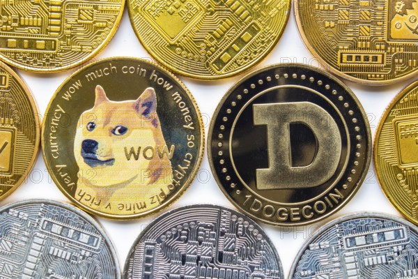 Calgary, Alberta, Canada. May 22, 2021. A couple of Dogecoin with several crypto currency coins around