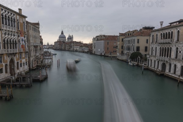 View of the Grand Canal from the Ponte dell' Accademia, Basilica of Santa Maria della Salute, long exposure, Venice, Italy, Europe