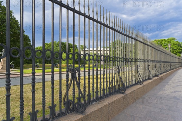 Old forged metal fence at the Museum of Artillery. Kronverkskaya Embankment, Saint Petersburg, Russia, Europe