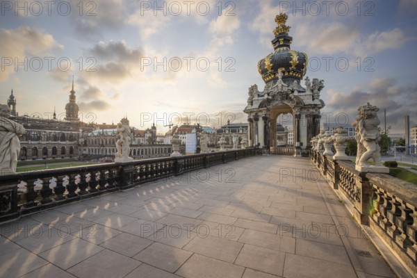 The Dresden Zwinger, a landmark of baroque architecture. Historic buildings in the style of a palace, orangery at sunrise in the morning in the city of Dresden, Saxony, Germany, Europe