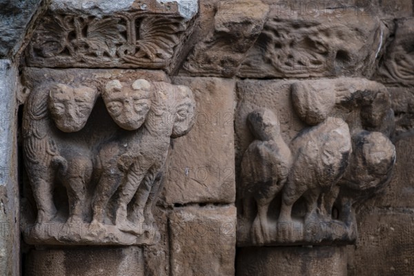 Collegiate church of San Pedro de Cervatos, decoration of the tympanum and lintel, Romanesque, Cervatos, municipality of Campoo de Enmedio, Cantabria, Spain, Europe