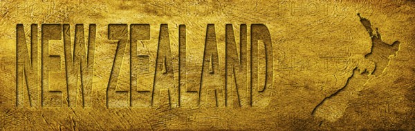 New Zealand Map and Text on Grunge Gold Texture
