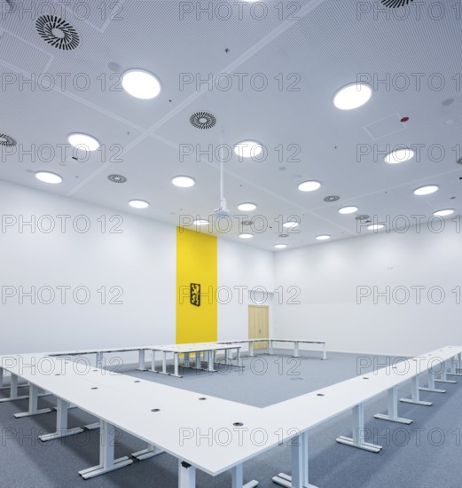 The two divisions, Urban Development, Construction, Transport and Real Estate and Environment and Climate, Law and Order, with their offices, as well as the Office for Economic Development, will move into the new administrative building of the state capital of Dresden. The Lord Mayor and parts of his department will also use space in the City Forum for the duration of the refurbishment of the New Town Hall. Committee room, Dresden, Saxony, Germany, Europe