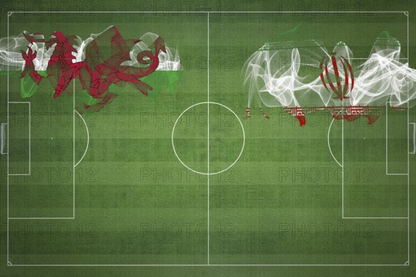Wales vs Iran Soccer Match, national colors, national flags, soccer field, football game, Competition concept, Copy space